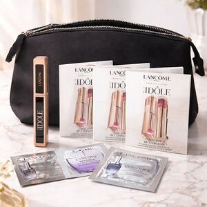 ✨ Lancôme Idôle Bundle; Mascara + Lip Balm/Skincare Samples + Cosmetic Bag, NEW